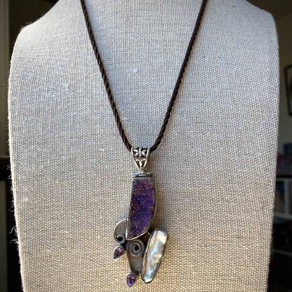 Peacock purple Drusy Quartz, Baroque Pearl, Amethyst, & Sterling Silver Pendant